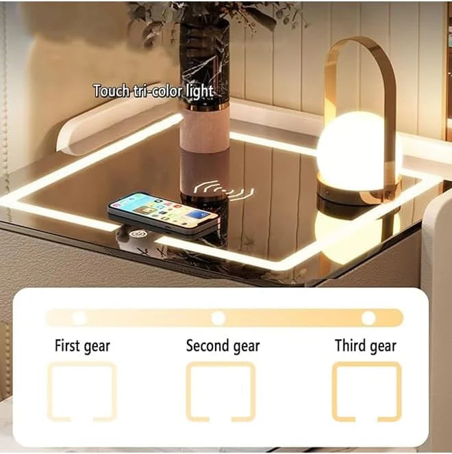 Smart Bedside Cabinet with LED Mirror, Wireless Charging & BT Speaker-GCC Home Center