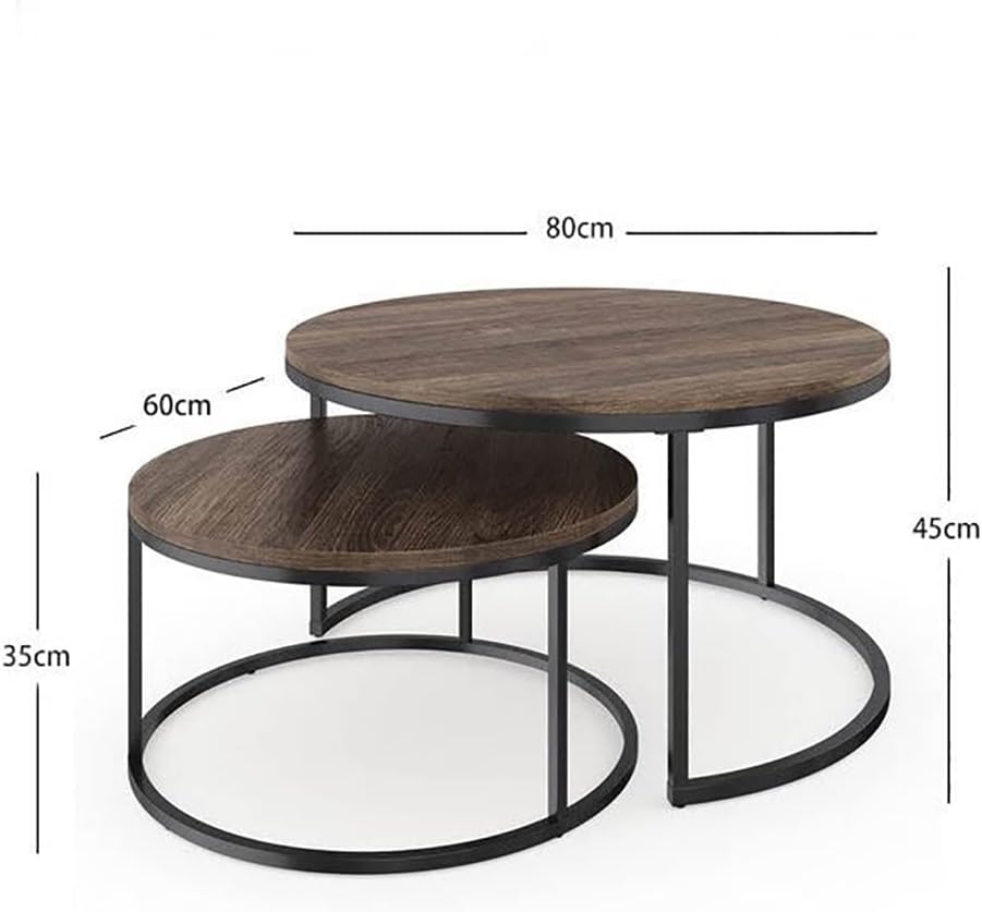 Set of 2 Round Coffee Table with Solid Wood Grain Top and Metal Farm - Rustic Brown & Black Walnut-GCC Home Center