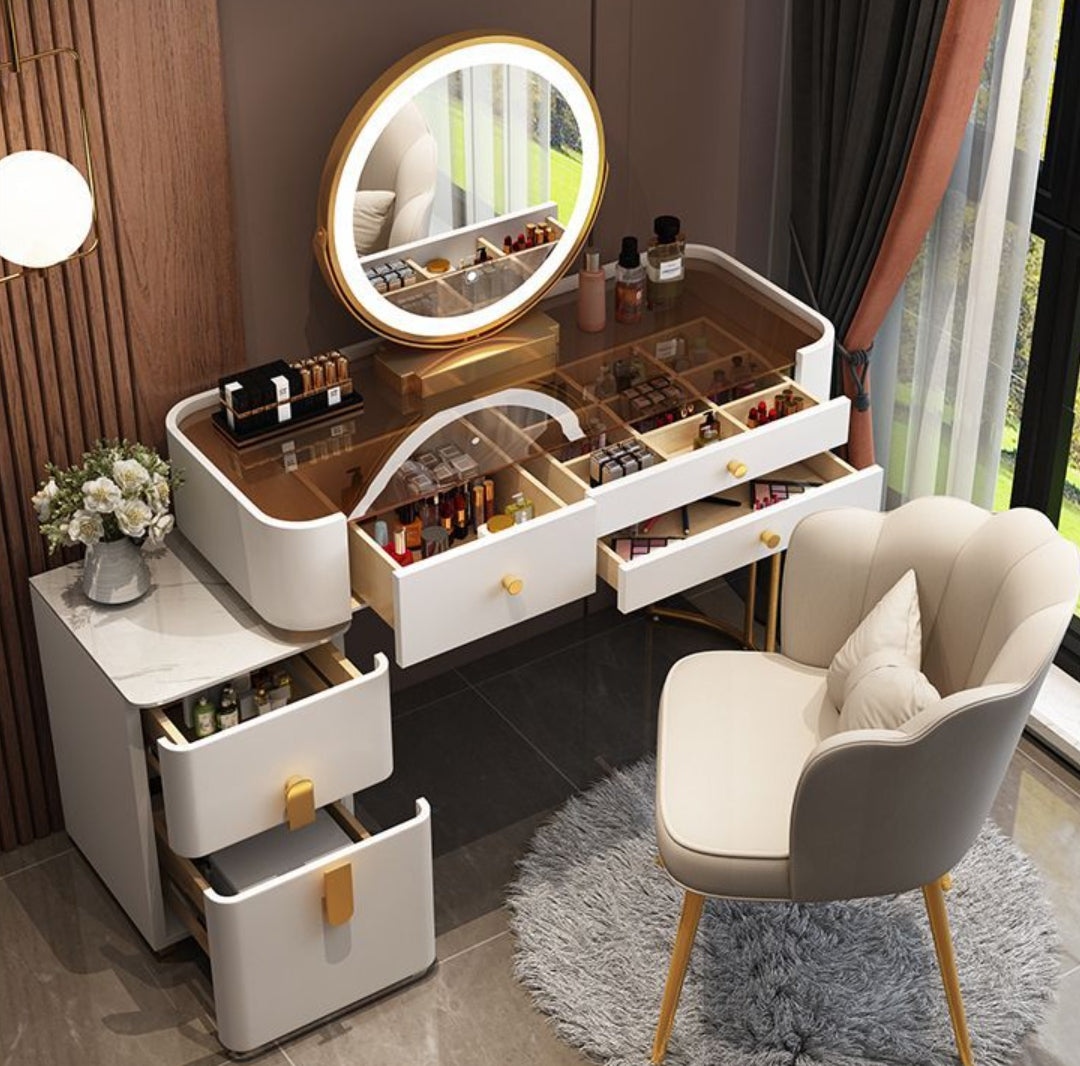 Modern Solid Wood Makeup Vanity Table Set with Smart Mirror and LED Lighting-GCC Home Center