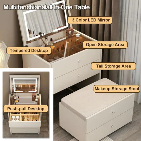 Smart Compact Dressing Vanity Table with LED Mirror, Foldable Bench, and Storage Drawers-GCC Home Center