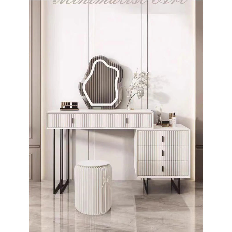 Modern White Vanity Desk with LED Wavy Mirror, 5 Drawers & Storage Cabinet | Makeup Dressing Table with Lights, Study Desk & Console Table