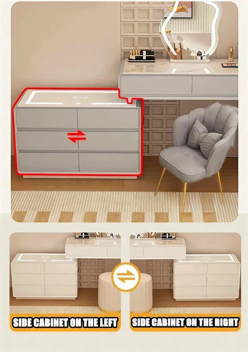 Smart Vanity Table with LED Mirror, Bluetooth Speaker, Wireless Charging - White, Solid Wood-GCC Home Center