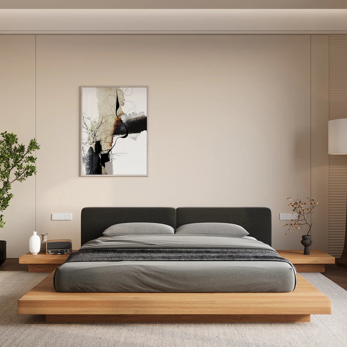 Luxury Solid Wood Japanese Platform Bed With Built-In Nightstands