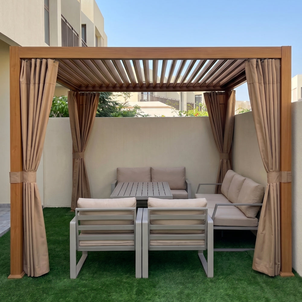 3x4M Aluminum Louver Pergola with Manual Adjustable Roof, Curtains & Mosquito Net | Wood Finish Outdoor Gazebo for Garden, Patio & Terrace