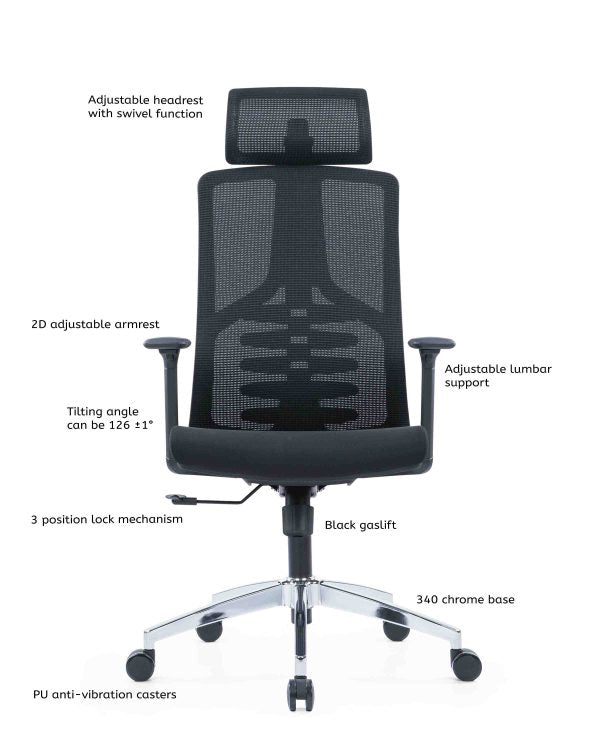 High Back Ergonomic Swivel Office Chair – Mesh Design with Adjustable Headrest & Lumbar Support