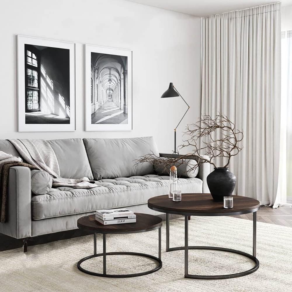 Set of 2 Round Coffee Table with Solid Wood Grain Top and Metal Farm - Rustic Brown & Black Walnut-GCC Home Center