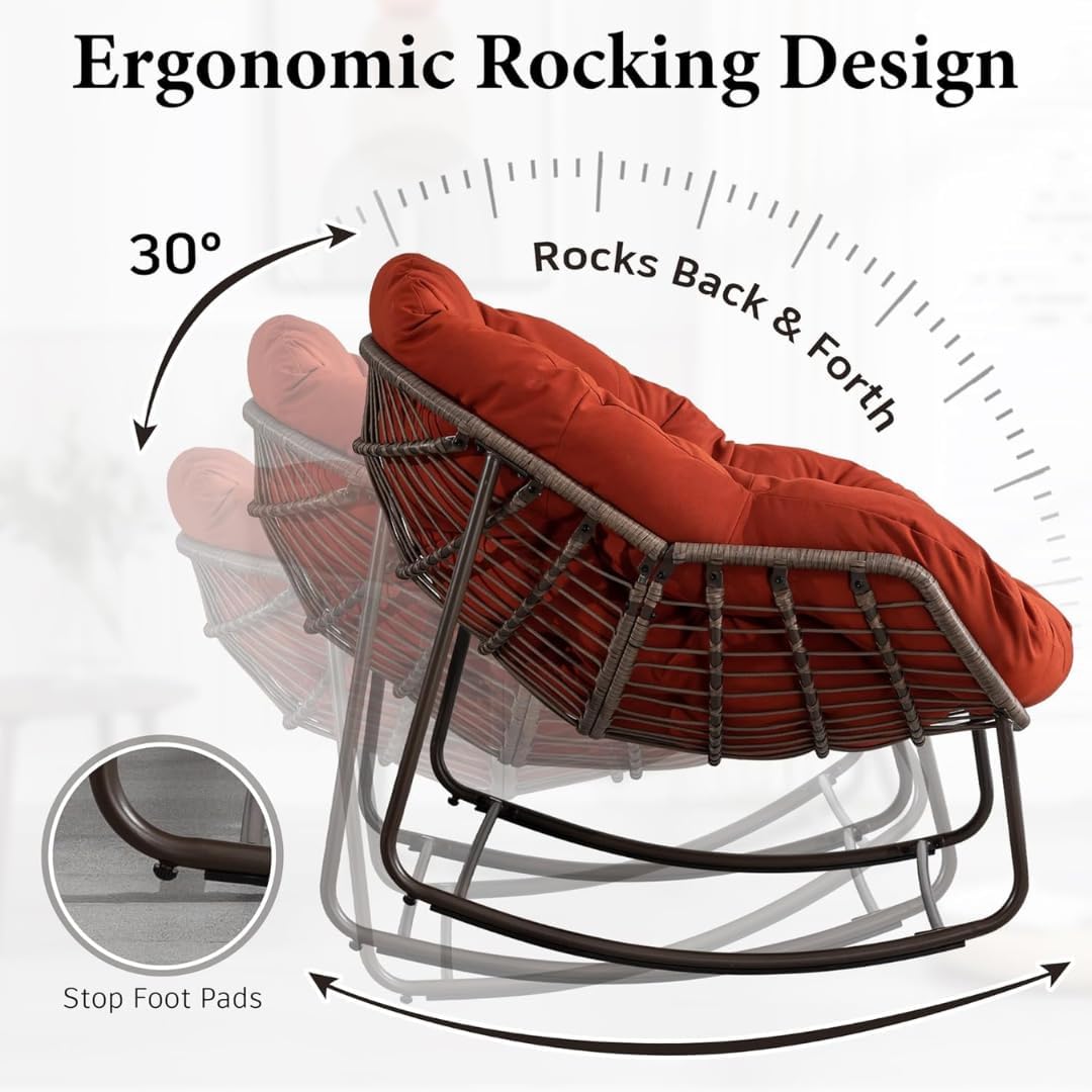 Wooden Twist Large Indoor Outdoor Rocking Chair, Oversized Rocking Papasan Chair with Thick Cushion and Frame Outdoor Rocker, Comfy Wicker Egg Chairs Lounge for Outside Porch Patio (Red)-GCC Home Center