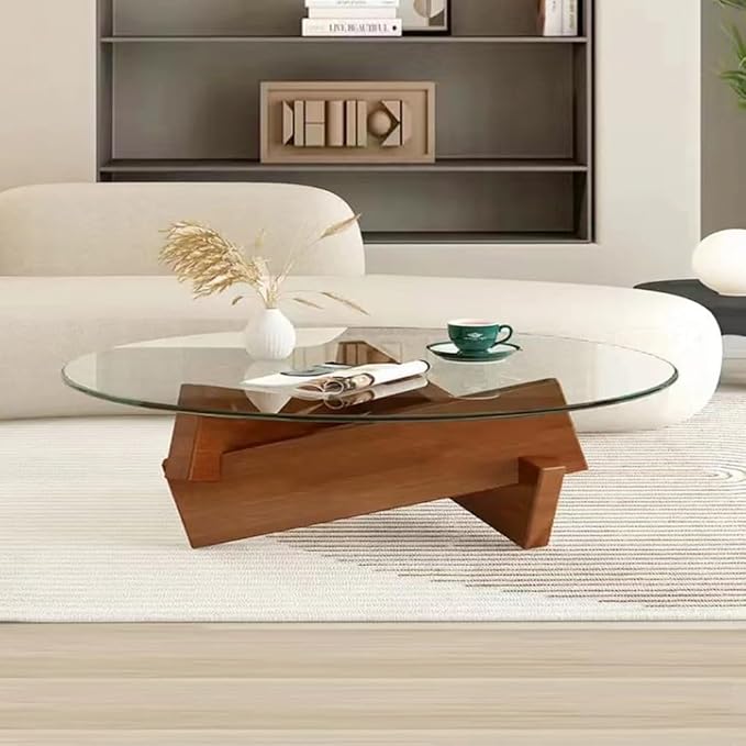 Round Coffee Table for Living Room, Modern Glass Coffee Table with Solid Wood Legs-GCC Home Center