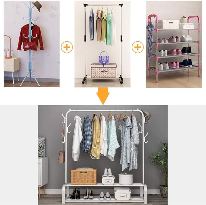 Metal Clothes Rack – Heavy Duty Hanger with Storage Shelf & Side Hooks (White)