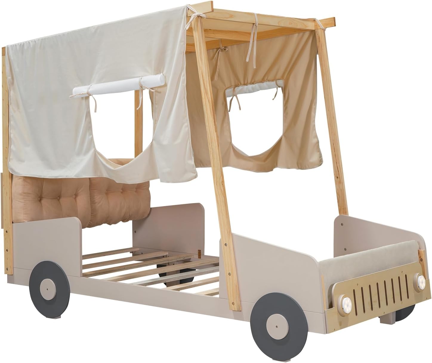 Twin Size kid Car Bed with Pillow & Car Headlights Shaped LED Light,Wood Kid Bed Frame W/Ceiling Cloth & Magazine Holder,Toy Bedroom Furniture for Boys Toddlers Child,Natural