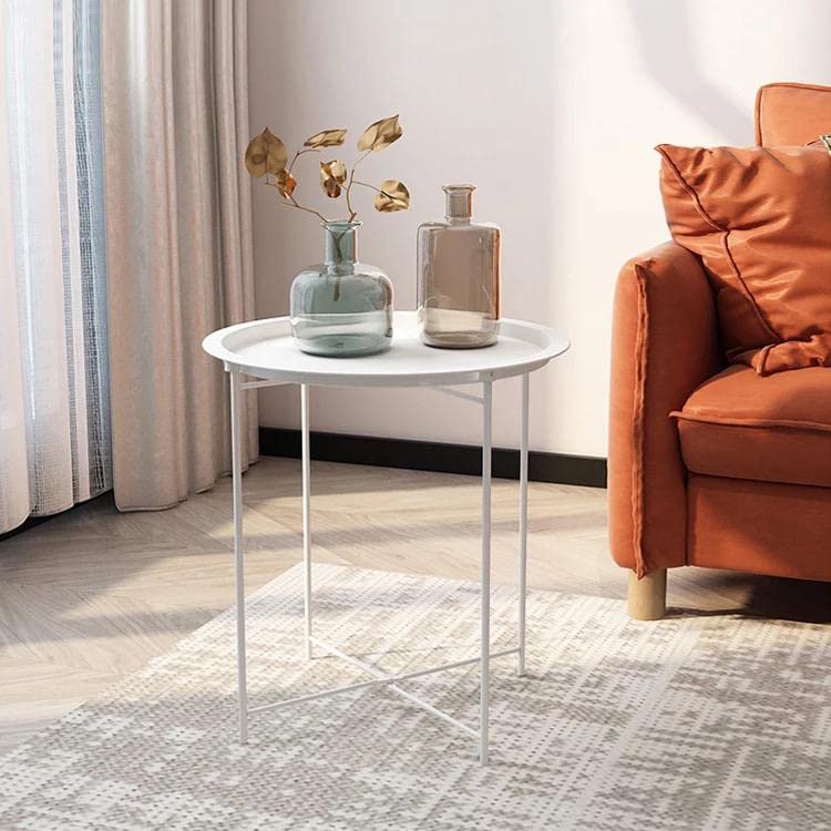 Folding Metal Side Table with Removable Tray | Waterproof Round Sofa End Table | Portable Coffee Table for Living Room, Bedroom & Balcony