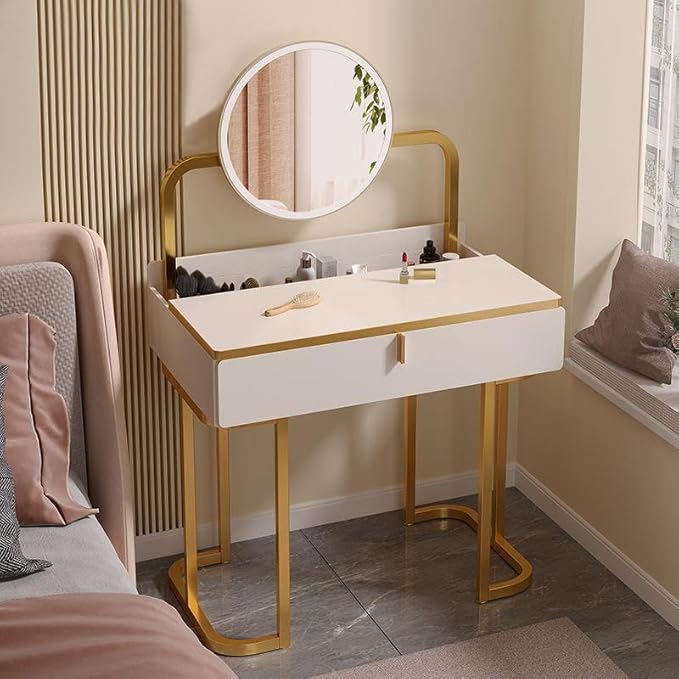 Makeup Vanity Table Dressing Table Vanity Desk with Round Mirror, White-GCC Home Center
