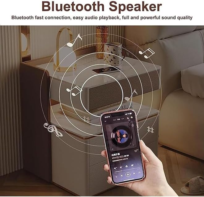 Smart Bedside Cabinet with LED Mirror, Wireless Charging & BT Speaker-GCC Home Center