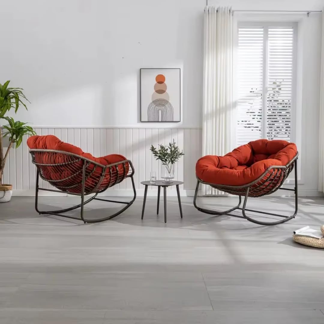 Wooden Twist Large Indoor Outdoor Rocking Chair, Oversized Rocking Papasan Chair with Thick Cushion and Frame Outdoor Rocker, Comfy Wicker Egg Chairs Lounge for Outside Porch Patio (Red)-GCC Home Center