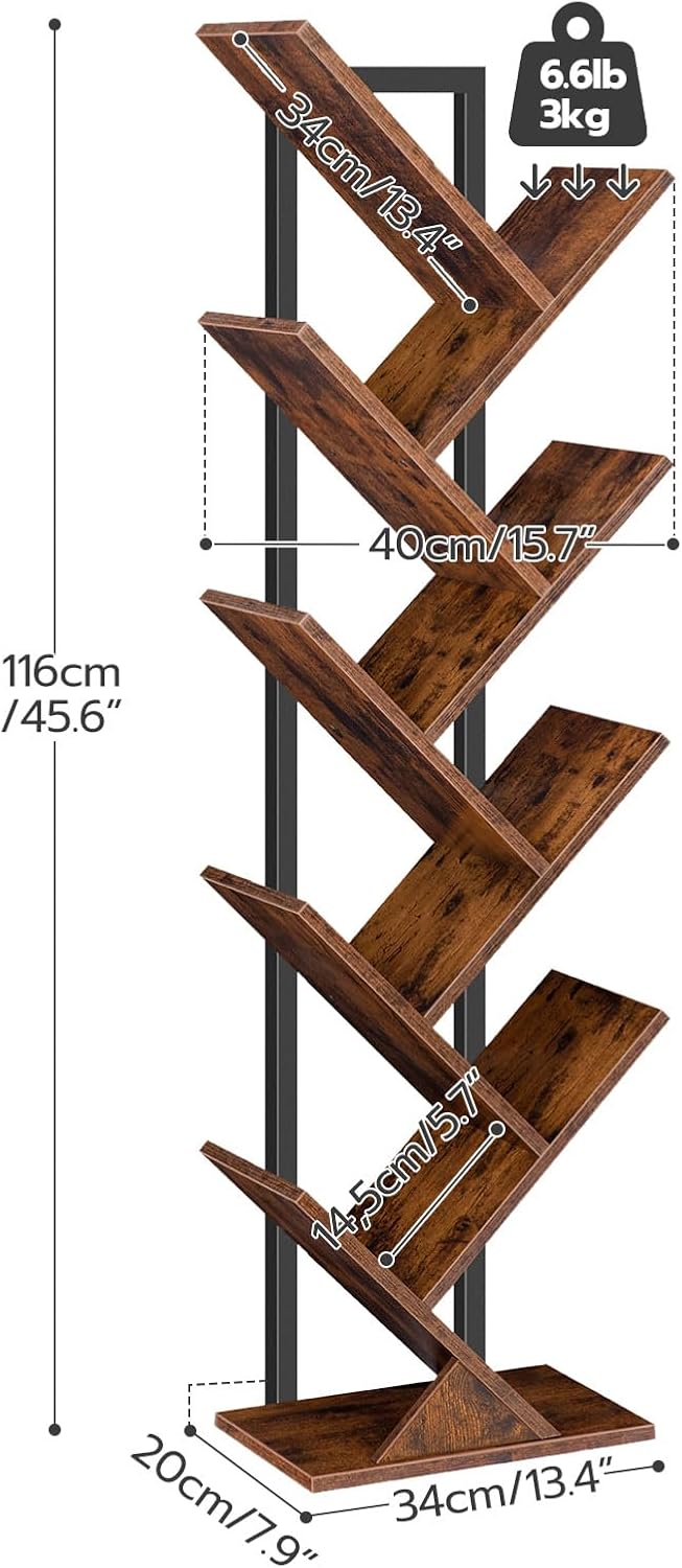 HOOBRO Floor Standing Tree Bookshelf, 9 Tier Tree Bookcase Shelves Wooden, Freestanding Office Bookcase Storage Organizer for Living Room, Bedroom, Tall Wood Bookshelf, Rustic Brown EBF08SJ01G1