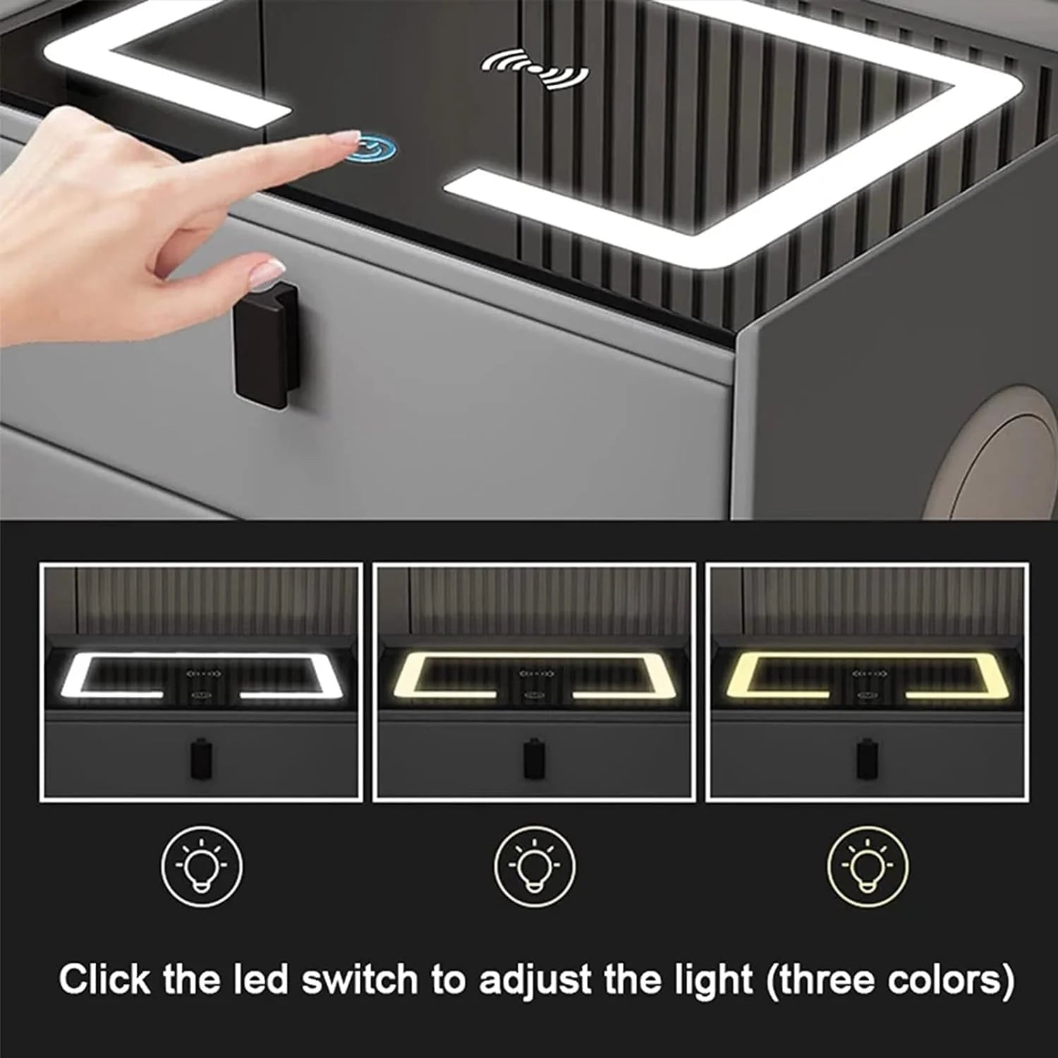 Smart LED Bedside Table with Wireless Charging, USB Port & Digital Lock Drawer – Modern Nightstand with 3-Color Touch Light