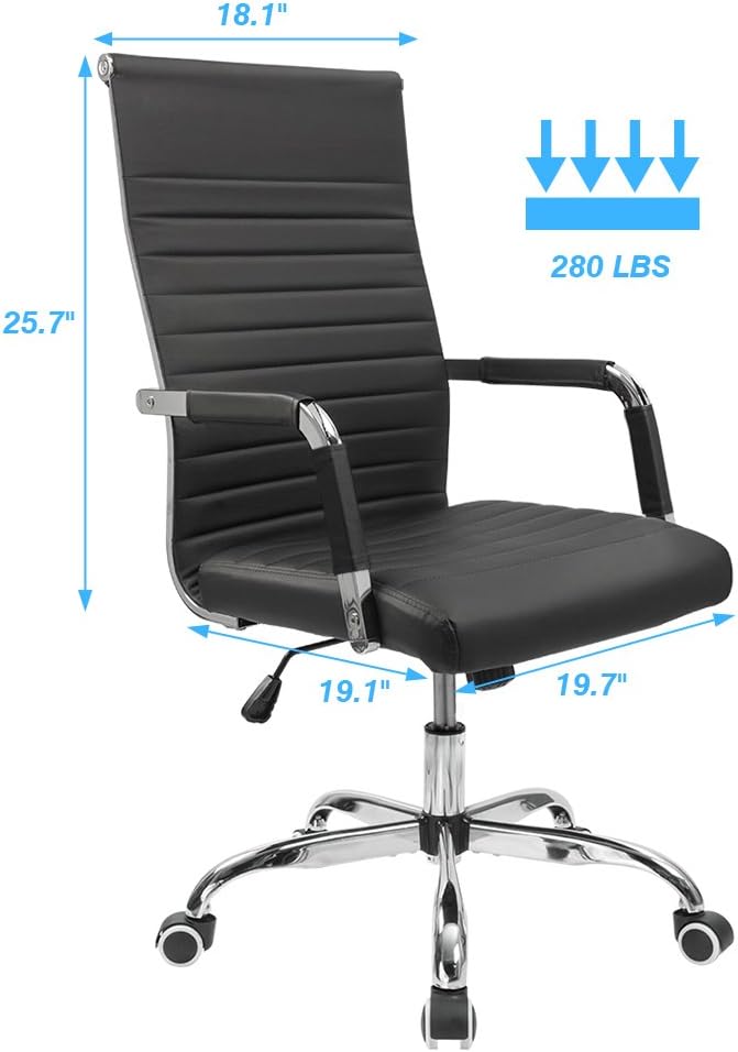 Furmax Ribbed Office Desk Mid-Back Pu Leather Executive Conference Task Adjustable Swivel Chair With Arms, Black