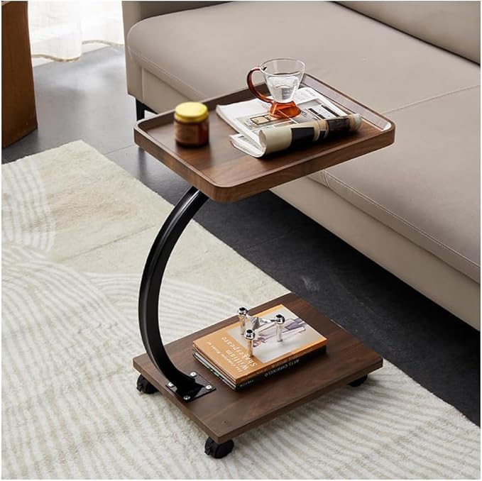 Modern C-Shaped End Table with Wheels – Walnut