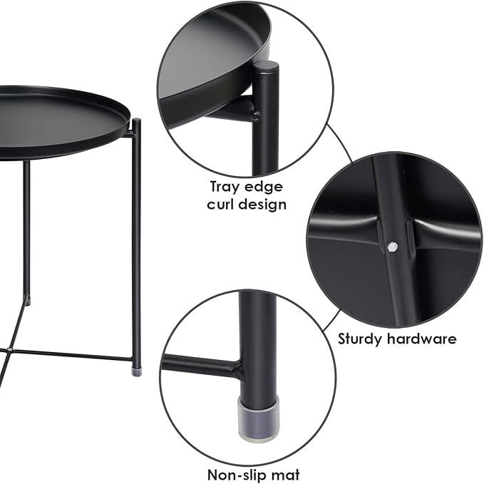 Round Metal Tray Table, Waterproof Folding Side Table for Living Room – 42×42×53cm