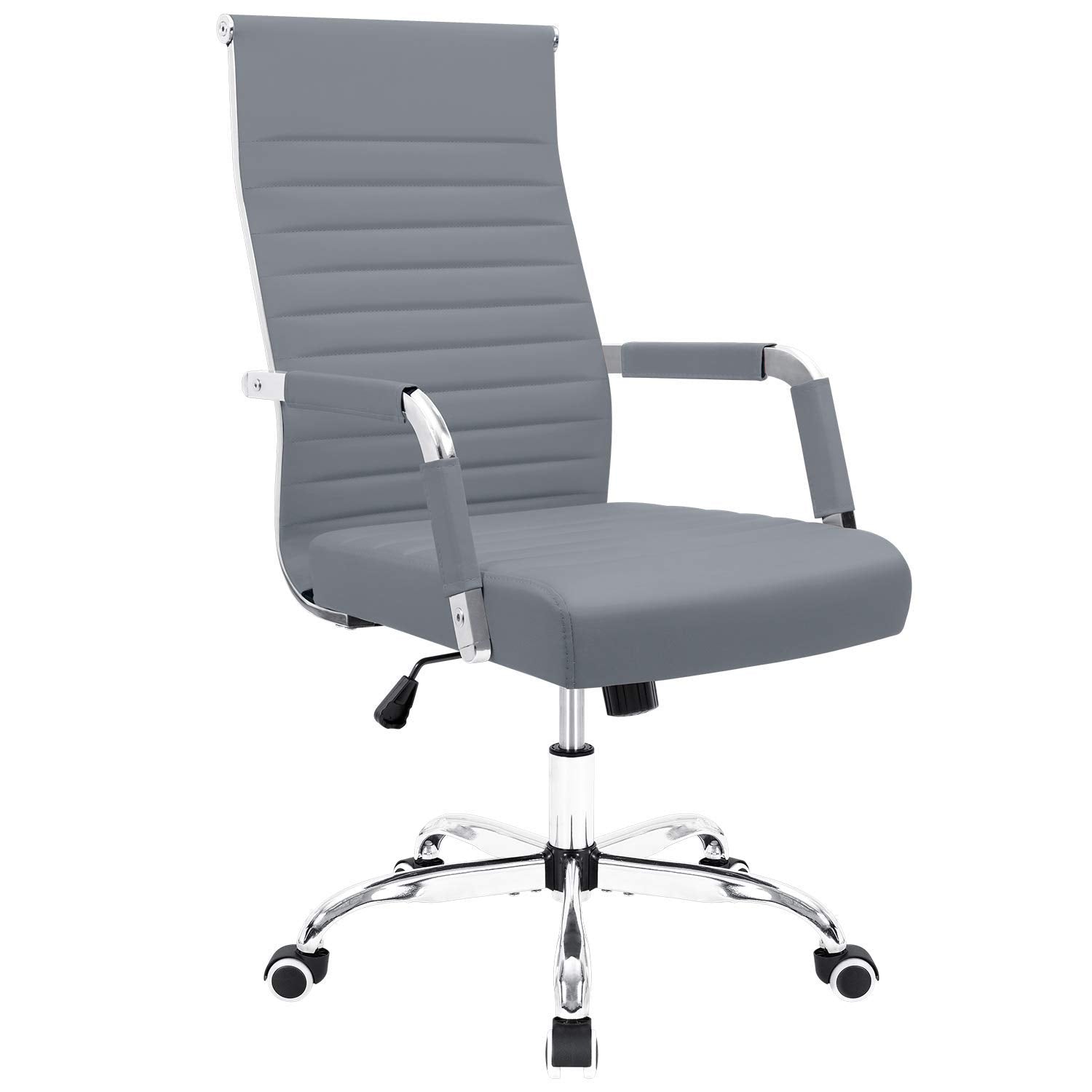 Furmax Ribbed Office Desk Mid-Back Pu Leather Executive Conference Task Adjustable Swivel Chair With Arms, Black