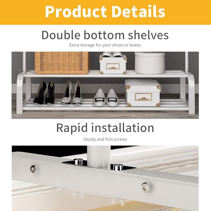 Metal Clothes Rack – Heavy Duty Hanger with Storage Shelf & Side Hooks (White)