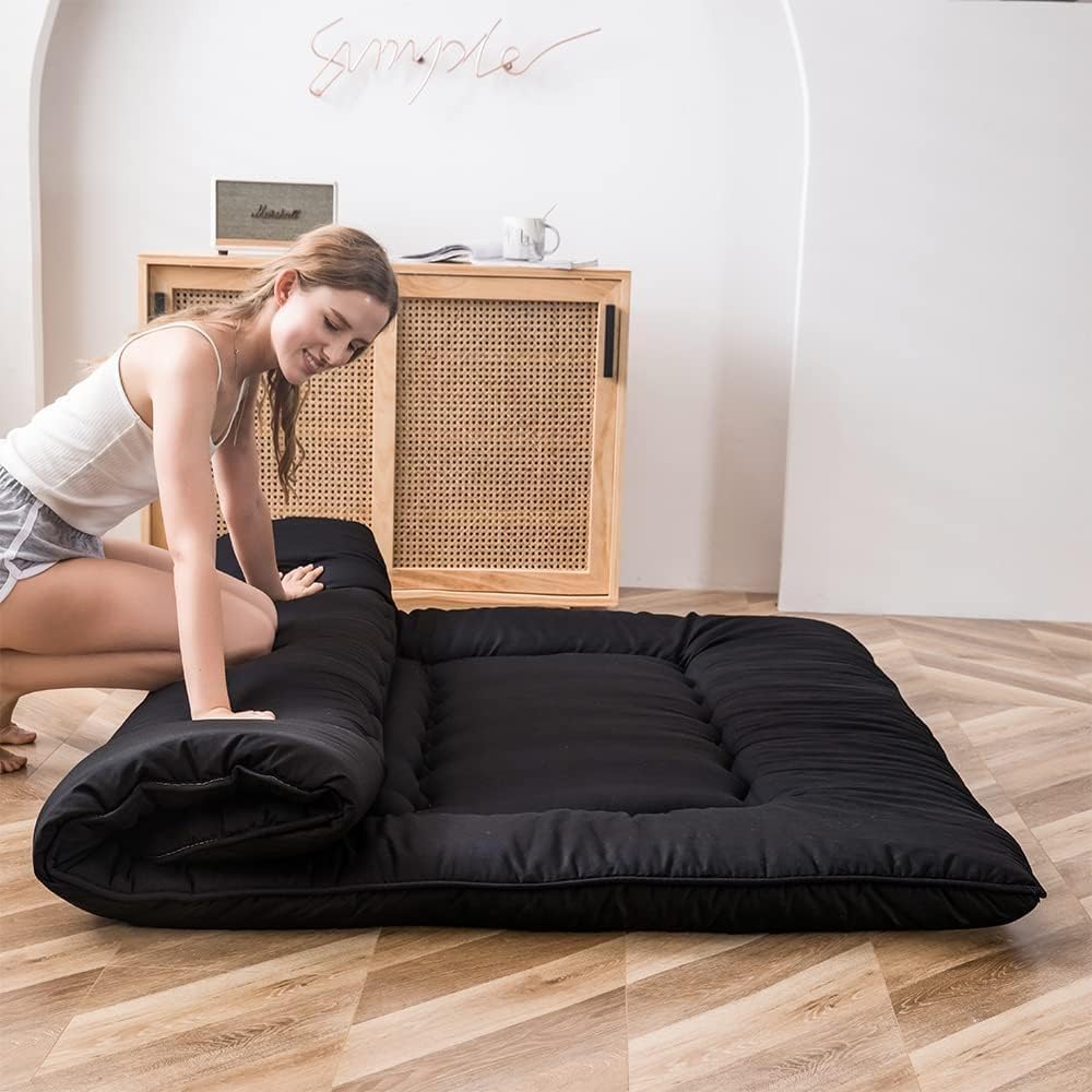 COOLBABY Japanese Floor Mattress Futon Mattress, Thicken Tatami Mat Sleeping Pad Foldable Roll Up Mattress Dormitory Mattress Pad Kids Floor Lounger Pillow Bed, 135 * 200CM Black, Full