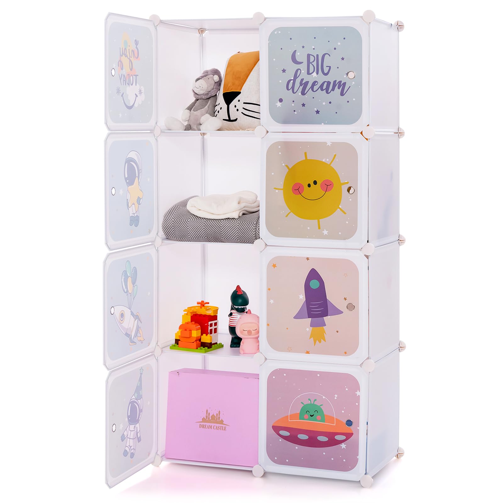 INFANS Children Wardrobe, Kid Closet Portable Baby Dresser Cute for Kids Bedroom Nursery Armoire with Doors 12 Cube 2 Hanging Sections, Kid Clothes Storage Organizer (Pink, 12 Cubes)-GCC Home Center