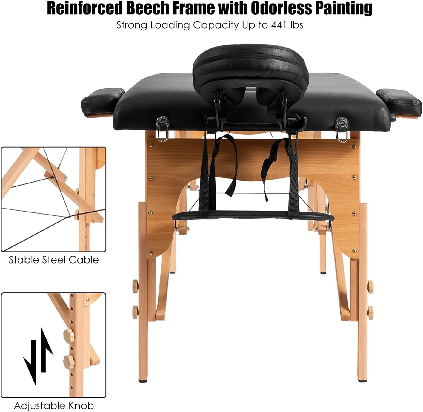COOLBABY Professional Portable Massage Table Professional Adjustable Folding Bed with 3-part Wooden Frame Ergonomic Headrest and Lash Extension Bed,Facial Cradle Salon Bed (Black) KYBJ-302-SRK21