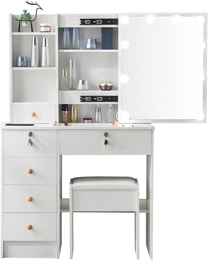 Makeup Vanity Desk with Lighted Mirror, Vanity Table Set with 6 Storage Shelf and 5 Drawers-GCC Home Center
