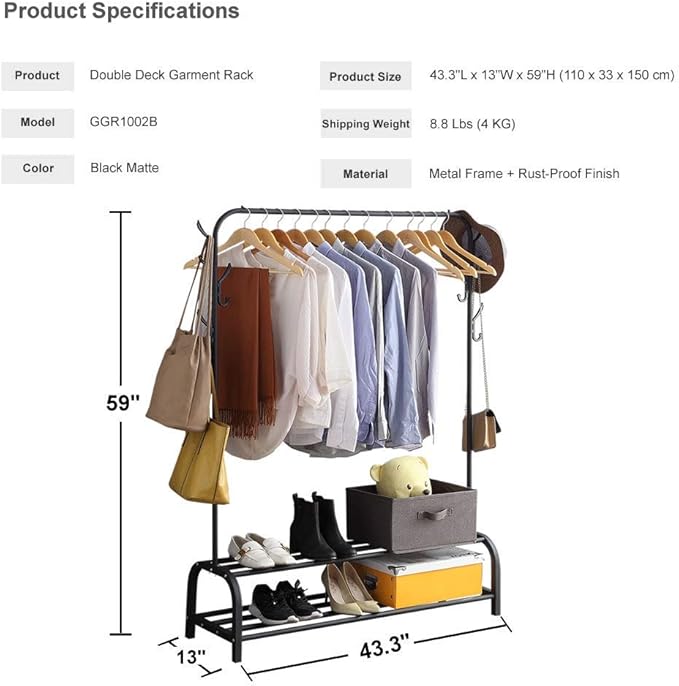 Metal Clothes Rack – Heavy Duty Hanger with Storage Shelf & Side Hooks (White)