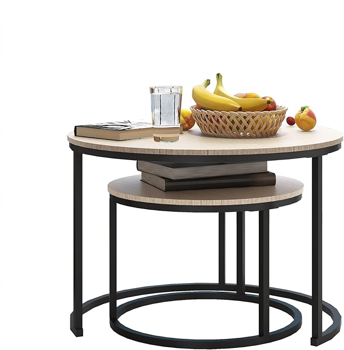 Modern Round Nesting Coffee Table Set Of 2 - Black & Natural Oak-GCC Home Center