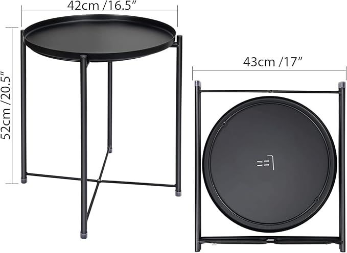 Round Metal Tray Table, Waterproof Folding Side Table for Living Room – 42×42×53cm