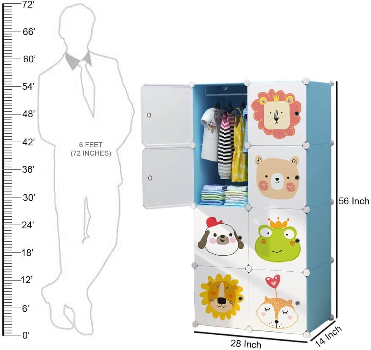 LACOSSI Wardrobe for Clothes, Kids Almirah for Clothes, Multi-Purpose Collapsible Wardrobe for Kids Clothes/Toys/Books, Baby Cupboard for Clothes Storage in (Kids Blue, 8-Door)-GCC Home Center