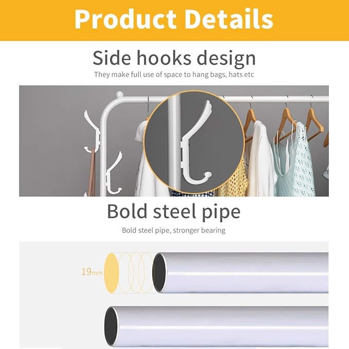 Metal Clothes Rack – Heavy Duty Hanger with Storage Shelf & Side Hooks (White)