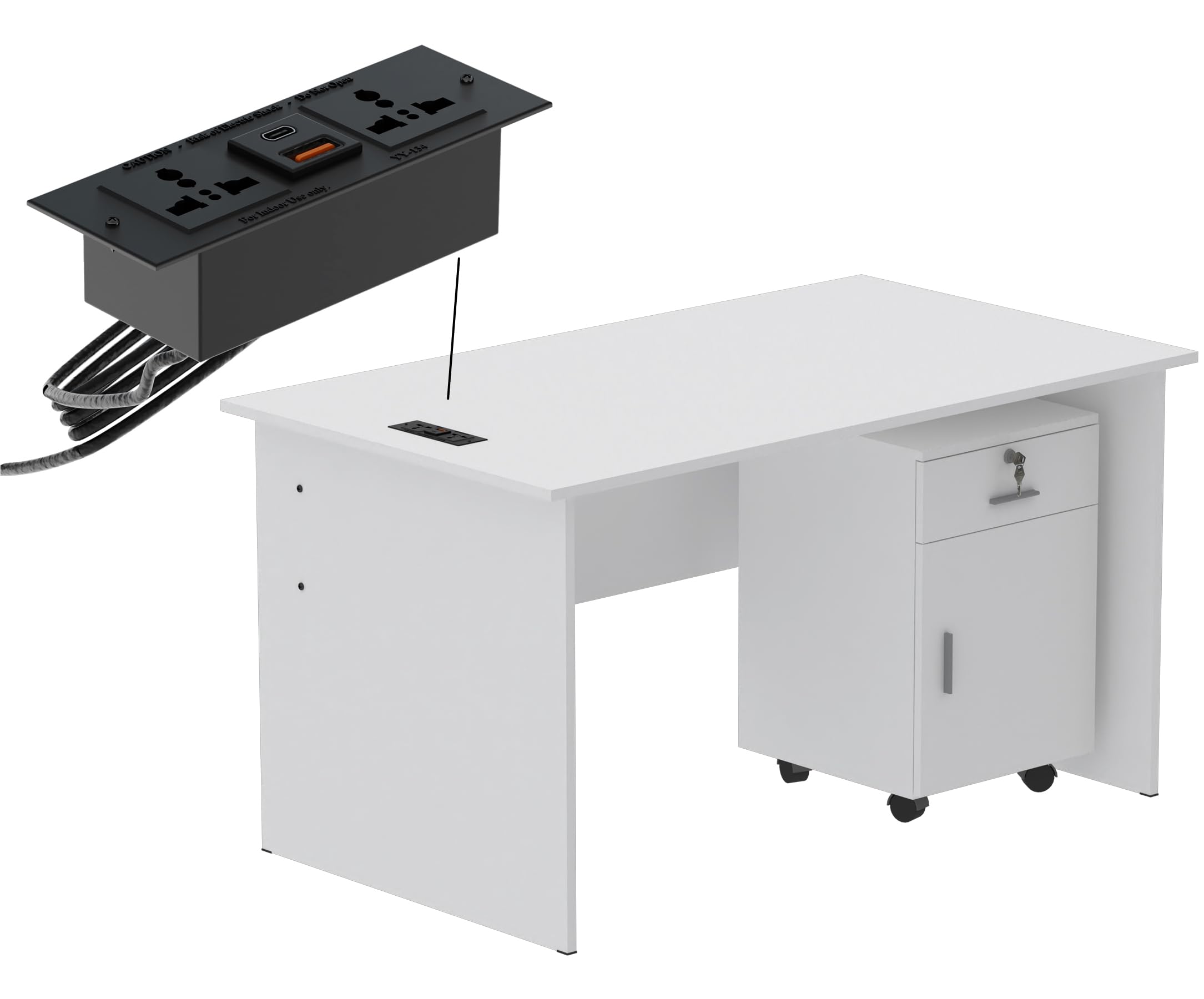 Mahmayi Modern MP1 120x60 Study Writing Table with BS01 Super Recessed Power Strip Desktop Socket Board, Modern Executive Desk for Adults, Home Offices, Schools, Laptop, Computer Workstation - WHITE