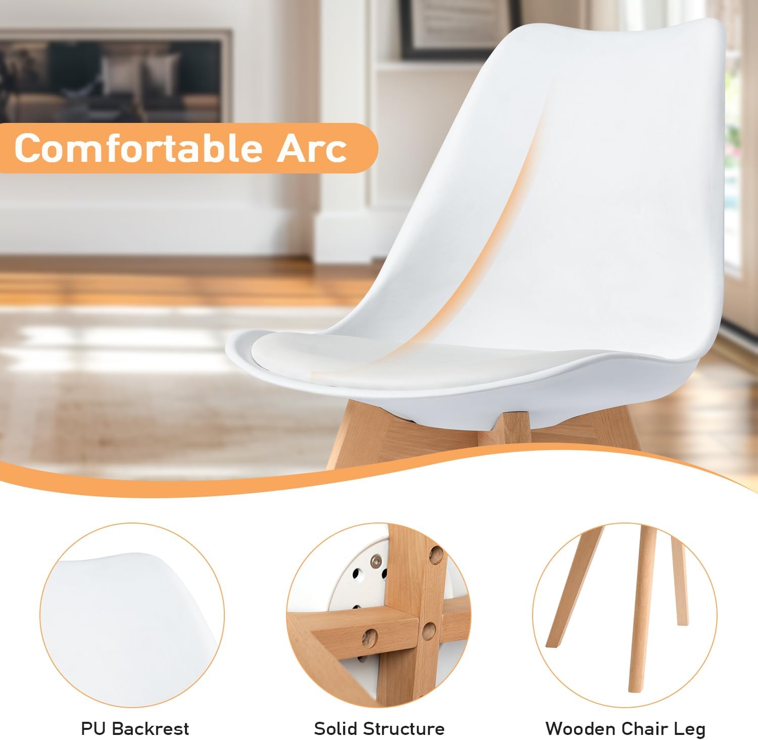 CangLong Mid Century Modern DSW Side Chair with Wood Legs for Kitchen, Living Dining Room, Set of 4, White-GCC Home Center