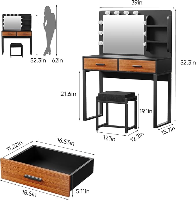 Vanity Desk with Mirror, With Chair and 10 LED Lights, with 2 Big Drawers and Side Shelves for Storage-GCC Home Center