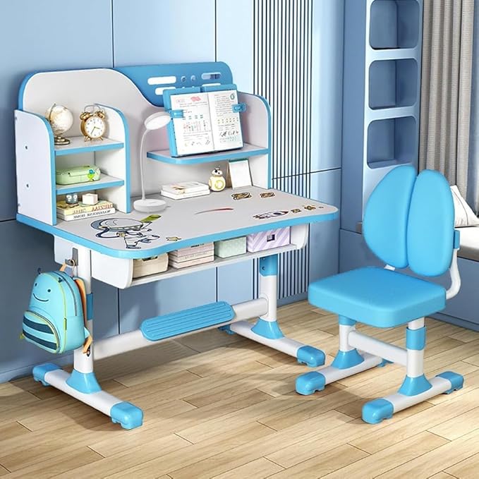 Adjustable Kids Study Learning Desk and Chair Set With Bookshelf, Drawer Storage, Shelves, Table Lamp & Fun Stickers