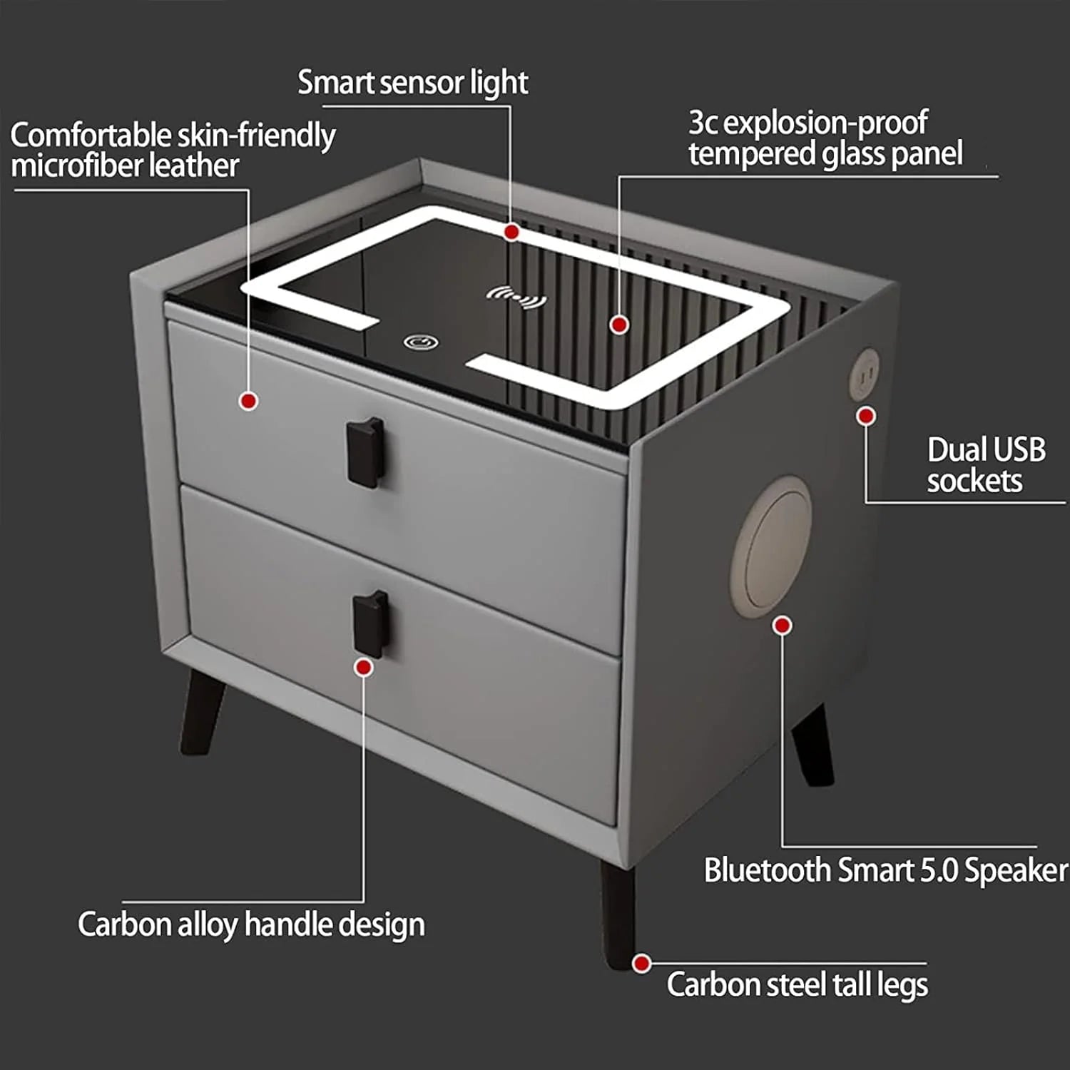 Smart Bedside Table with Fingerprint Lock, Wireless Charging, Bluetooth Speaker & LED Light – 3 Drawer Luxury Nightstand for Bedroom