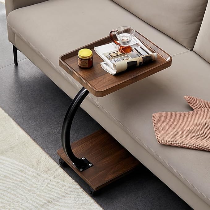Modern C-Shaped End Table with Wheels – Walnut