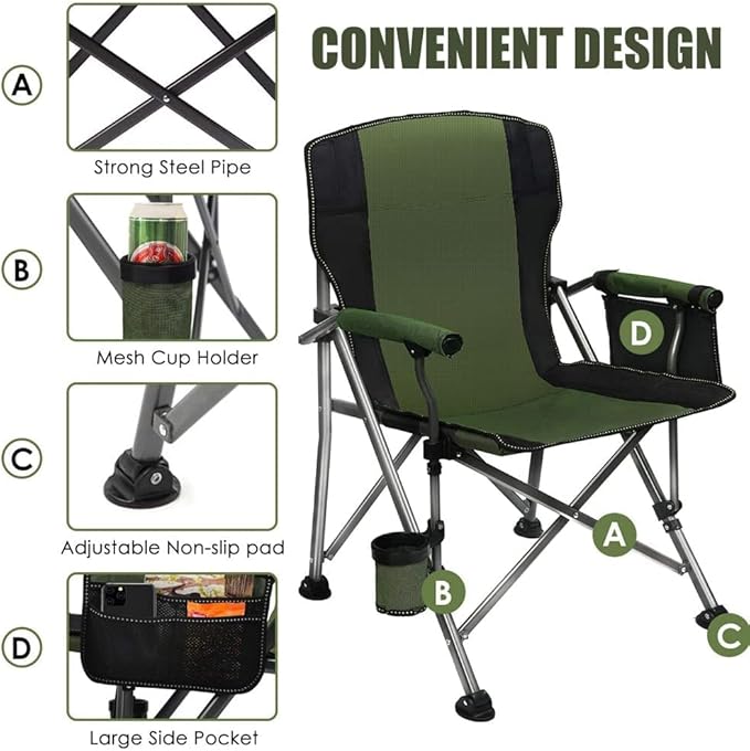Outdoor Portable Camping Chair, Lightweight Folding Camping Chair, Heavy Duty Support 145KG, High Back Padded Lawn Chair with Arm Rest Cup Holder and Portable Carrying Bag-GCC Home Center