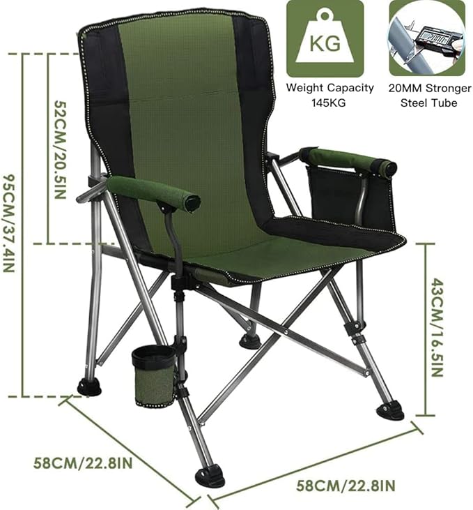Outdoor Portable Camping Chair, Lightweight Folding Camping Chair, Heavy Duty Support 145KG, High Back Padded Lawn Chair with Arm Rest Cup Holder and Portable Carrying Bag-GCC Home Center
