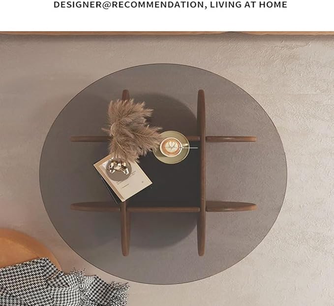 Modern Round Coffee Table with Solid Wood Legs and Rustic Circle Center Cocktail Table with Tempered Glass-Top-GCC Home Center