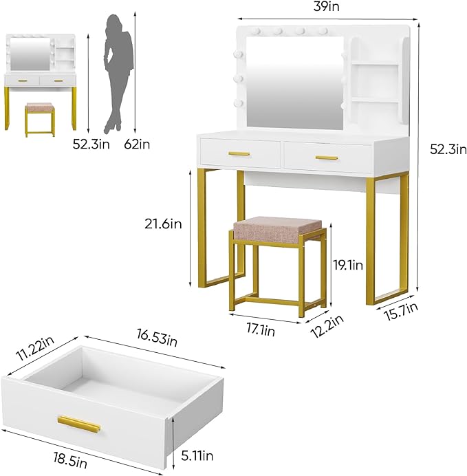 Vanity Desk with Mirror, With Chair and 10 LED Lights, with 2 Big Drawers and Side Shelves for Storage-GCC Home Center