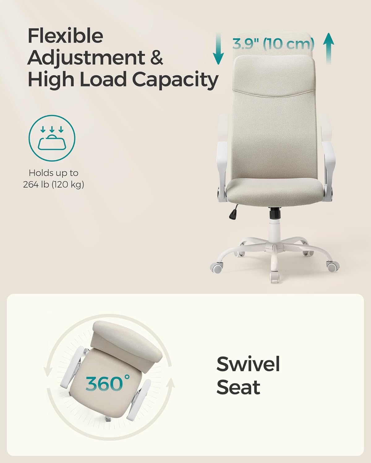 Office Chair, Ergonomic Chair, Swivel Seat, Padded Seat, Adjustable Height and Recliner, Load Capacity 120 kg, Cappuccino Beige