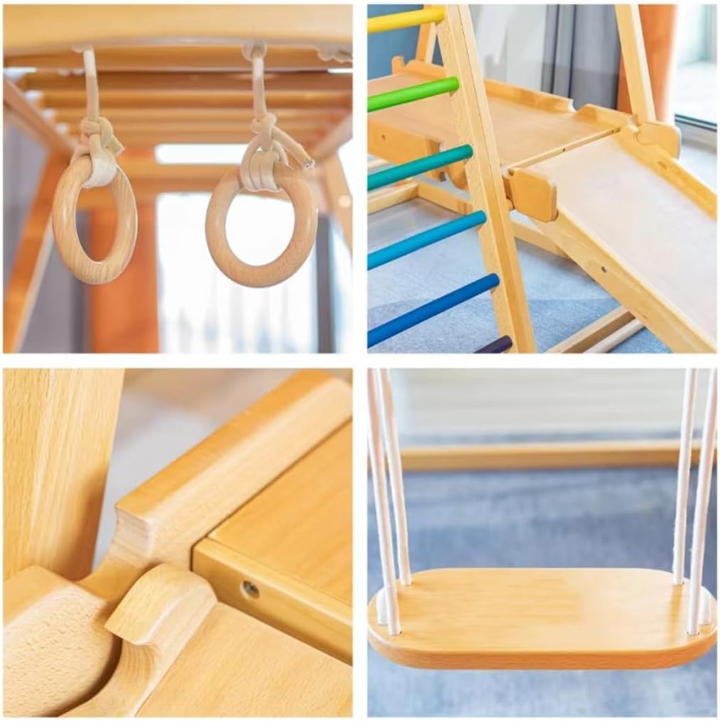 COOLBABY 6 in 1 Solid Wood Kids Climbing Frame. Kids Indoor Wooden Climbing Slide and Swing Combo. Toddler Indoor Playground and Kids Indoor Gym. Double Sided Slide (Climbing/Slide)