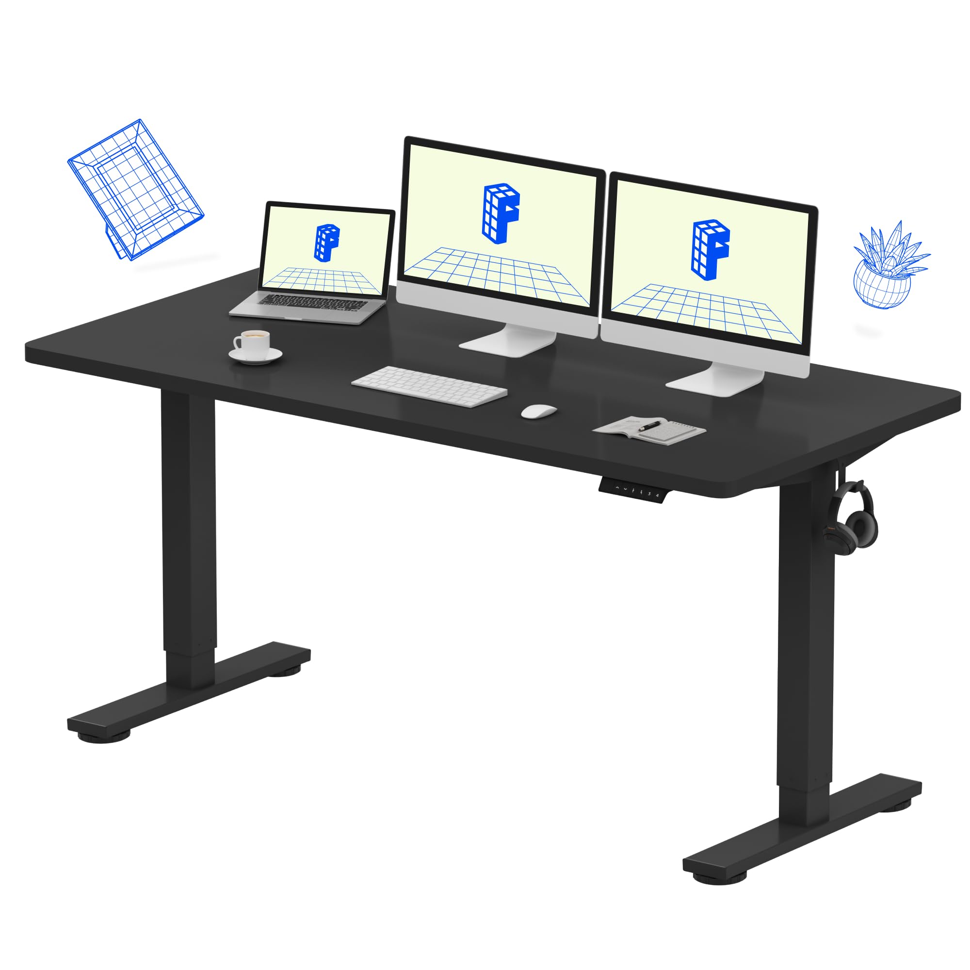 Flexispot 55 X 28 Inches Electric Stand Up Metal Desk Workstation, Whole Piece Desk Board Home Office Computer Standing Table Height Adjustable Desk Black Frame and 55 Black Top-GCC Home Center
