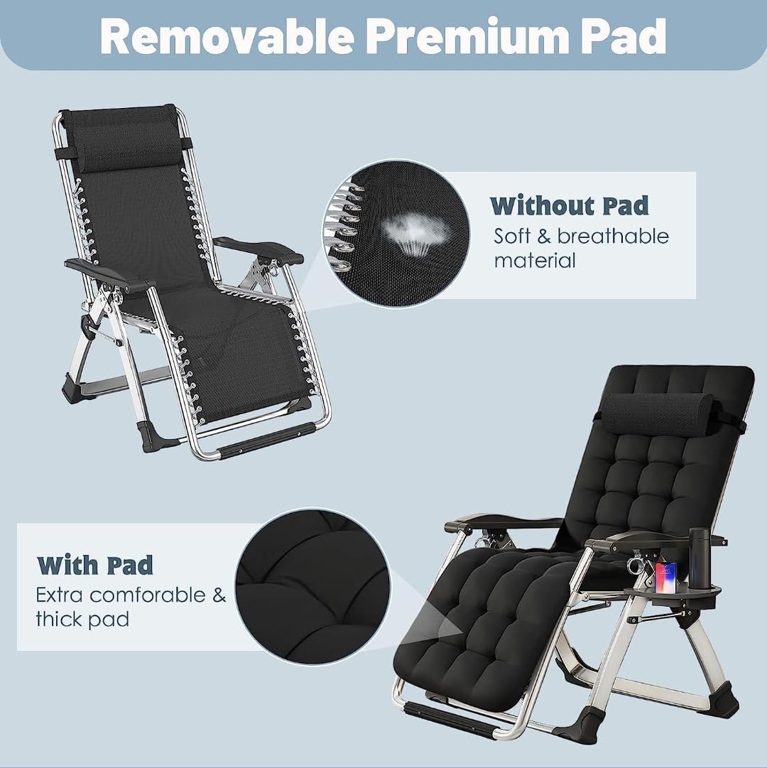 Adjustable Zero Gravity Recliner Chair – Folding Steel Mesh Lounge Chair with Pillow & Cup Holder, Portable Outdoor & Indoor - Black-GCC Home Center
