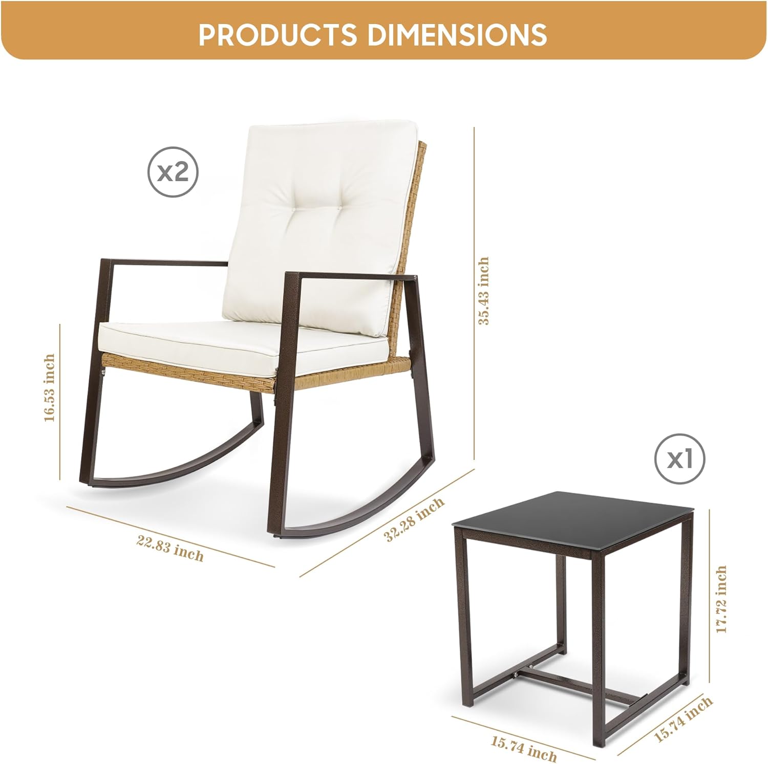 YIYAN 3 Pieces Patio Bistro Set Outdoor Rattan Wicker Rocking Chairs Set,Patio Outdoor Furniture Conversation Sets with Sofa Chairs,Glass Coffee Table and Washable Cushion (Light Beige)