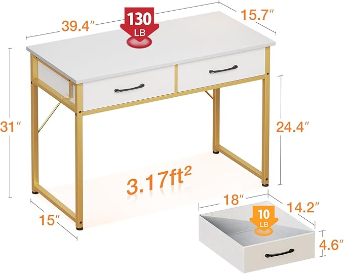 Vanity Desk Without Mirror, Makeup Vanity with 2 Fabric Drawers, White With Gold Legs-GCC Home Center